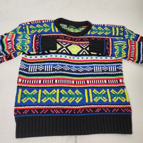 LAUREN Unisex Multicolor Geo-Motif Cotton-Linen Crewneck Sweater Size XS Ex. Con - Picture 5 of 16